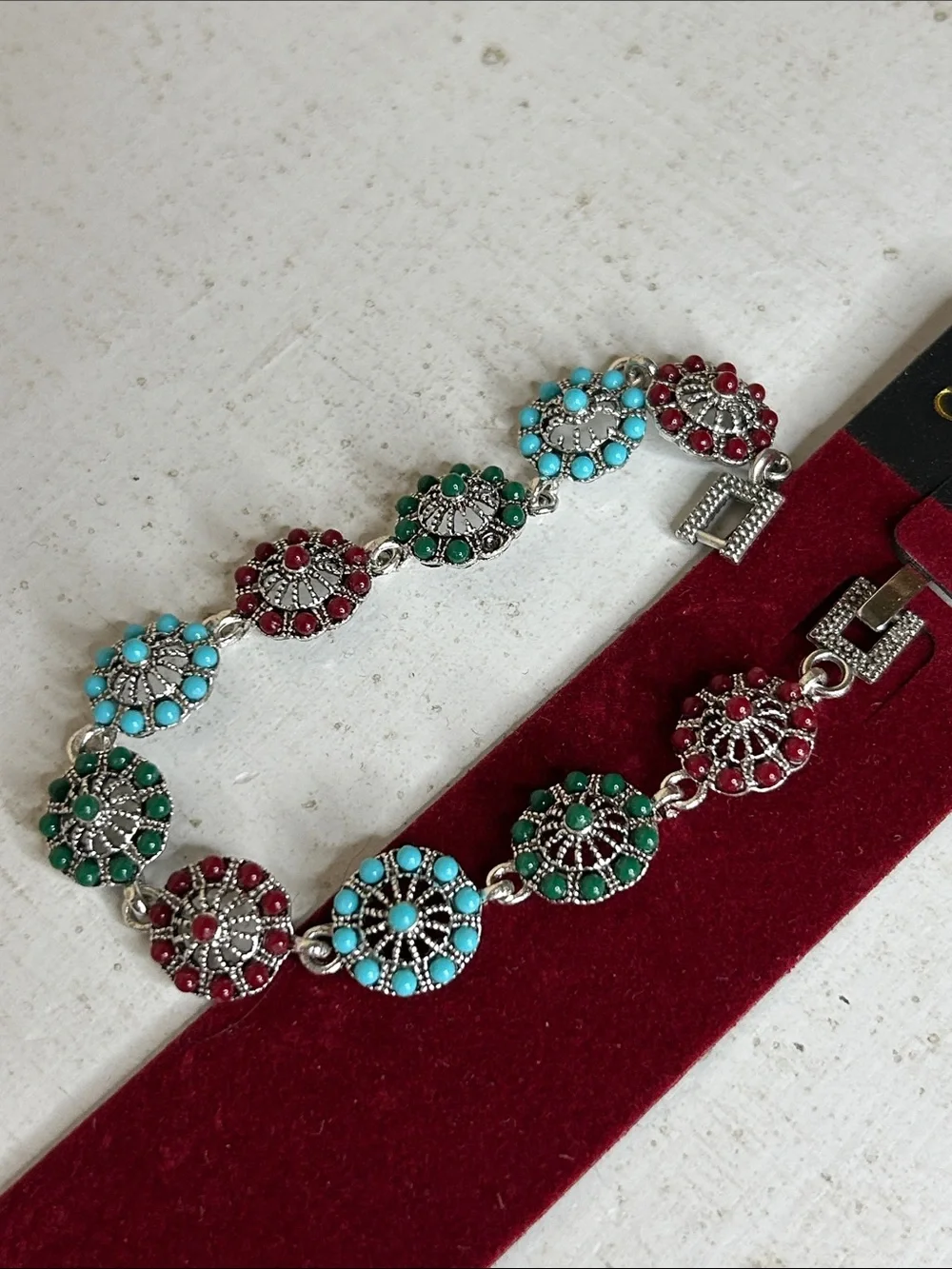 Bohemian Multicolor Disc Bracelet with Turquoise, Green & Red Accents